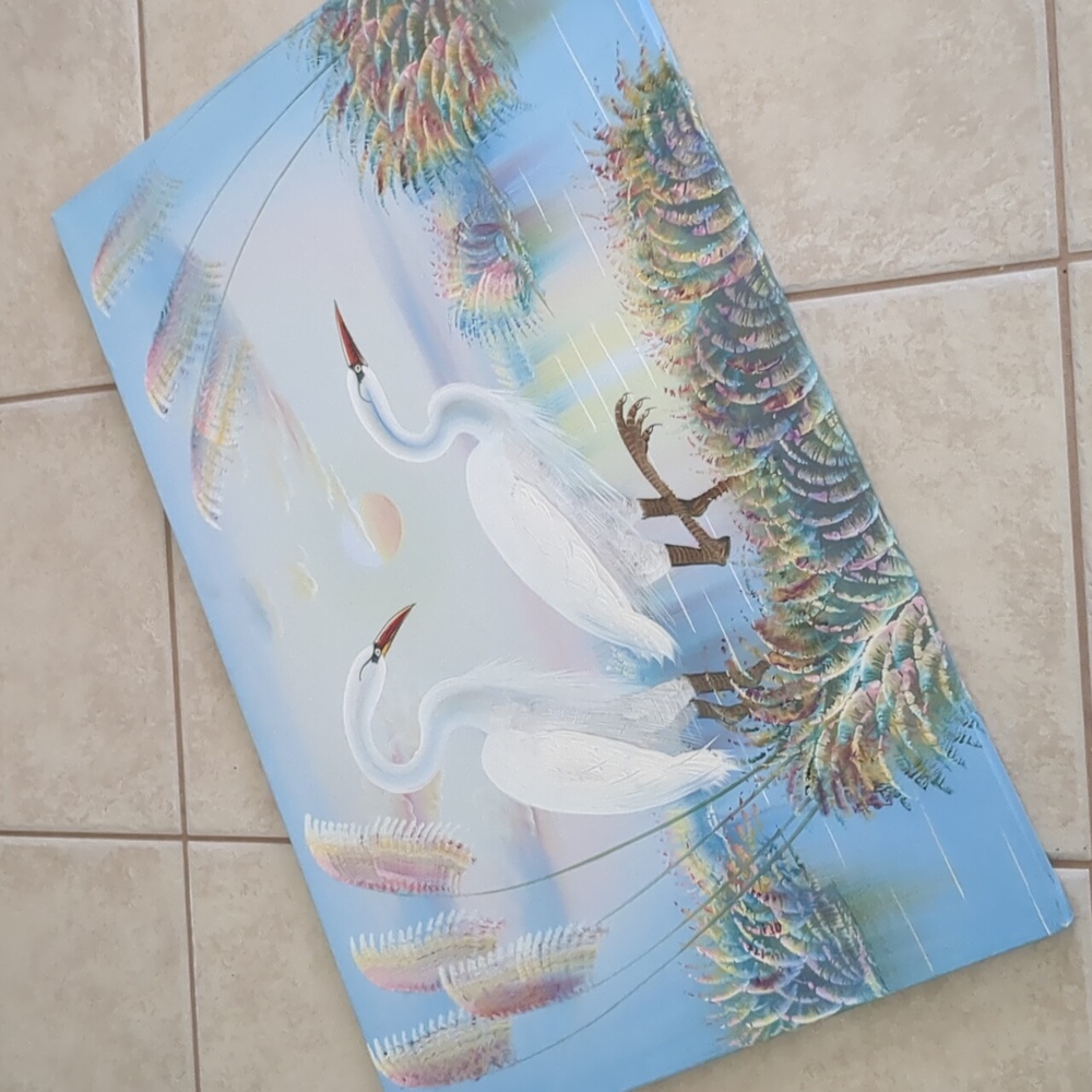 Vintage White Cranes Beach Ocean Oil Painting On Canvas